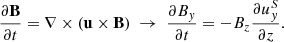 $$ \begin{aligned} \frac{\partial \mathbf B }{\partial t} = \nabla \times (\mathbf u \times \mathbf B ) \ \rightarrow \ \frac{\partial B_y}{\partial t} = - B_z \frac{\partial u^S_y}{\partial z}. \end{aligned} $$