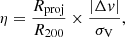 $$ \begin{aligned} \eta = \frac{R_{\rm proj}}{R_{200}} \times \frac{|\Delta v |}{\sigma _{\rm V}}, \end{aligned} $$