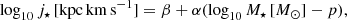 $$ \begin{aligned} \log _{10} j_\star \,[\mathrm{kpc\,km\,s}^{-1}] = \beta + \alpha (\log _{10} M_\star \,[{M}_{\odot }] - p), \end{aligned} $$