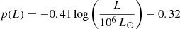 $ p(L) = -0.41 \log \left(\frac{L}{10^6\,L_\odot}\right)-0.32 $