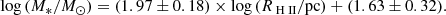 $$ \begin{aligned} \log {(M_*/M_{\odot })} = (1.97 \pm 0.18) \times \log {(R_{{\text{ H}}{\small { {\text{ II}}}}}/\mathrm {pc})} + (1.63 \pm 0.32). \end{aligned} $$