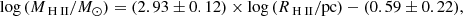 $$ \begin{aligned} \log {(M_{{\text{ H}}{\small { {\text{ II}}}}}/M_{\odot })} = (2.93 \pm 0.12) \times \log {(R_{{\text{ H}}{\small { {\text{ II}}}}}/\mathrm{pc})} - (0.59 \pm 0.22), \end{aligned} $$