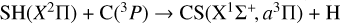 ${\rm{SH}}\left( {{X^2}{\rm{\Pi }}} \right) + {\rm{C}}\left( {^3P} \right) \to {\rm{CS}}\left( {{{\rm{X}}^1}{{\rm{\Sigma }}^ + },{a^3}{\rm{\Pi }}} \right) + {\rm{H}}$