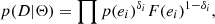 $$ \begin{aligned} p(D|\Theta )=\prod p(e_i)^{\delta _i}F(e_i)^{1-\delta _i}, \end{aligned} $$