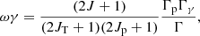 $$ \begin{aligned} \omega \gamma = \frac{(2J+1)}{(2J_{\rm T}+1)(2J_{\rm p}+1)}\frac{\Gamma _{\rm p}\Gamma _{\gamma }}{\Gamma }, \end{aligned} $$