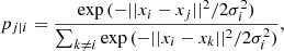 $$ \begin{aligned} p_{j|i} = \frac{\exp {(-||x_i-x_j||^2/2\sigma _i^2)}}{\sum _{k\ne i}\exp {(-||x_i-x_k||^2/2\sigma _i^2)}}, \end{aligned} $$