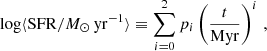 $$ \begin{aligned} \log \langle \mathrm{SFR}/M_{\odot }\,\mathrm{yr}^{-1} \rangle \equiv \sum _{i=0}^2 p_i \left(\frac{t}{\mathrm{Myr}}\right)^{i}\,, \end{aligned} $$
