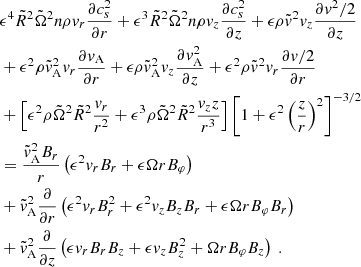 $$ \begin{aligned}&\epsilon ^4 \tilde{R}^2\tilde{\Omega }^2 n\rho {v}_r\frac{\partial c_s^2}{\partial r}+\epsilon ^3\tilde{R}^2\tilde{\Omega }^2 n \rho {v}_z\frac{\partial c_s^2}{\partial z} +\epsilon \rho \tilde{{v}}^2{v}_z \frac{\partial {v}^2/2}{\partial z}\nonumber \\&+\epsilon ^2\rho \tilde{{v}}^2_{\rm A}{v}_r\frac{\partial {v}_{\rm A}}{\partial r} +\epsilon \rho \tilde{{v}}_{\rm A}^2{v}_z \frac{\partial {v}_{\rm A}^2}{\partial z} +\epsilon ^2\rho \tilde{{v}}^2{v}_r\frac{\partial {v}/2}{\partial r}\\&+\left[\epsilon ^2\rho \tilde{\Omega }^2 \tilde{R}^2\frac{{v}_r}{r^2}+\epsilon ^3\rho \tilde{\Omega }^2\tilde{R}^2\frac{{v}_z z}{r^3}\right] \left[1+\epsilon ^2\left(\frac{z}{r} \right)^2\right]^{-3/2}\nonumber \\&=\frac{\tilde{{v}}^2_{\rm A}B_r}{r} \left(\epsilon ^2 {v}_r B_r+\epsilon \Omega rB_\varphi \right)\nonumber \\&+\tilde{{v}}^2_{\rm A}\frac{\partial }{\partial r}\left(\epsilon ^2 {v}_r B_r^2 + \epsilon ^2 {v}_z B_z B_r +\epsilon \Omega r B_{\varphi } B_r \right) \nonumber \\&+\tilde{{v}}^2_{\rm A}\frac{\partial }{\partial z}\left( \epsilon {v}_r B_r B_z+ \epsilon {v}_z B_z^2+\Omega r B_{\varphi } B_z\right)\ .\nonumber \end{aligned} $$