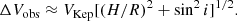 $$ \begin{aligned} \Delta V_{\rm obs} \approx V_{\rm Kep} [({H/R})^2 + \sin ^2i]^{1/2}. \end{aligned} $$