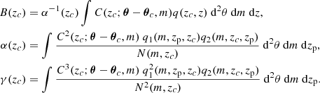 $$ \begin{aligned} B(z_c)&= \alpha ^{-1}(z_c) \int C(z_c;\boldsymbol{\theta } - {\boldsymbol{\theta }}_c, m) q(z_c,z)\ \mathrm{d}^2\theta \ \mathrm{d}m\ \mathrm{d}z, \\ \alpha (z_c)&= \int \frac{C^2(z_c;{\boldsymbol{\theta }} - {\boldsymbol{\theta }}_c, m)\ q_1(m,z_{\rm p},z_c) q_2(m,z_c,z_{\rm p})}{N(m,z_c)}\ \mathrm{d}^2\theta \ \mathrm{d}m\ \mathrm{d}z_{\rm p}, \\ \gamma (z_c)&= \int \frac{C^3(z_c;{\boldsymbol{\theta }} - {\boldsymbol{\theta }}_c, m)\ q^2_1(m,z_{\rm p},z_c) q_2(m,z_c,z_{\rm p})}{N^2(m,z_c)}\ \mathrm{d}^2\theta \ \mathrm{d}m\ \mathrm{d}z_{\rm p}. \end{aligned} $$
