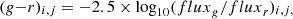 $$ \begin{aligned} (g{-}r)_{i,j} = -2.5 \times \log _{10} ({ flux}_{g}/{ flux}_{r})_{i,j,} \end{aligned} $$