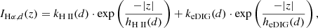 $$ \begin{aligned} I_{\mathrm{H} {\alpha },d}(z) = k_{{\text{H}}{\small { {\text{ II}}}}}(d) \cdot \exp \left( \frac{-|z|}{h_{{\text{H}}{\small { {\text{ II}}}}}(d)} \right) + k_{\mathrm{eDIG} }(d) \cdot \exp \left( \frac{-|z|}{h_{\mathrm{eDIG} }(d)} \right), \end{aligned} $$