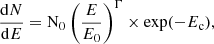 $$ \begin{aligned} \frac{\mathrm{d}N}{\mathrm{d}E}=\mathrm{N}_{\rm 0} \left( \frac{{E}}{{E}_{\rm 0}} \right)^{\Gamma } \times \mathrm{exp}(-{E}_{\rm c}), \end{aligned} $$