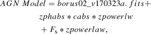 $$ \begin{aligned}&{AGN\ Model} = borus02\_v170323a.fits + \nonumber \\&\qquad \qquad \qquad zphabs * cabs * zpowerlw \nonumber \\&\qquad \qquad \qquad + F_{\rm s} * zpowerlaw, \end{aligned} $$