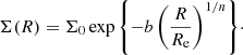 $$ \begin{aligned} \Sigma (R) = \Sigma _0 \exp {\left\{ -b\left(\frac{R}{R_{\mathrm{e} }}\right)^{1/n}\right\} }\cdot \end{aligned} $$