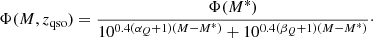 $$ \begin{aligned} \Phi (M,z_{\mathrm{qso} }) = \dfrac{\Phi (M^*)}{10^{0.4(\alpha _Q+1)(M - M^*)} + 10^{0.4(\beta _Q+1)(M - M^*)}}\cdot \end{aligned} $$