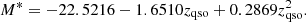 $$ \begin{aligned} M^* = -22.5216 - 1.6510z_{\mathrm{qso} }+ 0.2869z_{\mathrm{qso} }^2. \end{aligned} $$