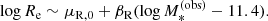 $$ \begin{aligned} \log {R_{\mathrm{e} }} \sim \mu _{\rm R,0} + \beta _{\rm R}(\log {M_*^{(\mathrm{obs} )}} - 11.4). \end{aligned} $$