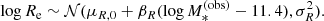 $$ \begin{aligned} \log {R_{\mathrm{e} }} \sim \mathcal{N} (\mu _{R,0} + \beta _{R}(\log {M_*^{(\mathrm{obs} )}} - 11.4), \sigma _{R}^2). \end{aligned} $$