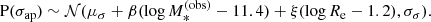 $$ \begin{aligned} \mathrm{P}(\sigma _{\mathrm{ap} }) \sim \mathcal{N} (\mu _{\sigma } + \beta (\log {M_*^{(\mathrm{obs} )}} - 11.4) + \xi (\log {R_{\mathrm{e} }} - 1.2), \sigma _{\sigma }). \end{aligned} $$