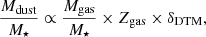 $$ \begin{aligned} \frac{M_{\rm dust}}{M_{\star }} \propto \frac{M_{\rm gas}}{M_{\star }} \times Z_{\rm gas}\times \delta _{\mathrm{DTM} }, \end{aligned} $$