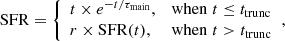 $$ \begin{aligned} \mathrm{SFR}= {\left\{ \begin{array}{ll} t \times e^{-t/\tau _{\rm main}},&\mathrm{when}\; t \le t_{\rm trunc} \\ r \times \mathrm{SFR}(t),&\mathrm{when}\; t > t_{\rm trunc} \end{array}\right.}, \end{aligned} $$