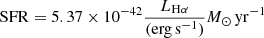$$ \begin{aligned} \mathrm{SFR} = 5.37\times 10^{-42} \frac{L_{\mathrm{H}\alpha }}{(\mathrm{erg\,s^{-1}})}M_{\odot }\,\mathrm{yr}^{-1} \end{aligned} $$