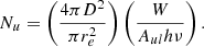 $$ \begin{aligned} N_u = \left(\frac{4\pi D^2}{\pi r_e^2}\right)\left(\frac{W}{A_{ul}h\nu }\right) .\end{aligned} $$