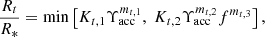 $$ \begin{aligned} \frac{R_t}{R_*} = \mathrm{min} \left[ K_{t,1} \Upsilon ^{m_{t,1}}_{\rm acc}, \; K_{t,2} \Upsilon ^{m_{t,2}}_{\rm acc}f^{m_{t,3}}\right] ,\end{aligned} $$