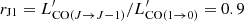 $ r_{\rm J1}=L^\prime_{{\rm CO}({J}\rightarrow {J}-1)}/L^\prime_{{\rm CO}(1\rightarrow 0)}=0.9 $