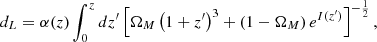 $$ \begin{aligned} d_L=\alpha (z)\int _{0}^{z}dz^{\prime }\left[\Omega _M\left(1+z^{\prime }\right)^3+\left(1-\Omega _M\right)e^{I(z^{\prime })}\right]^{-\frac{1}{2}} ,\end{aligned} $$