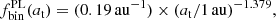 $$ \begin{aligned} f_{\rm bin}^\mathrm{PL}(a_{\rm t}) = (0.19\,\mathrm{au}^{-1})\times (a_{\rm t}/1\,\mathrm{au})^{-1.379}, \end{aligned} $$