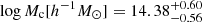$ \log M_{\mathrm{c}} [{h^{-1}{M}_{ \odot}}] = 14.38^{+0.60}_{-0.56} $