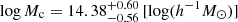 $ \log M_{\mathrm{c}}=14.38^{+0.60}_{-0.56} \, [\log ({h^{-1}{M}_{ \odot}})] $