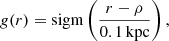 $$ \begin{aligned} g(r) = \mathrm{sigm} \left(\frac{r - \rho }{0.1\,\mathrm{kpc} }\right), \end{aligned} $$
