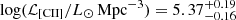 $ \log (\mathcal{L}_{\mathrm{[CII]}}/L_\odot\,\mathrm{Mpc}^{-3}) = 5.37^{+0.19}_{-0.16} $