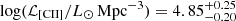 $ \log (\mathcal{L}_{\mathrm{[CII]}}/L_\odot\,\mathrm{Mpc}^{-3}) = 4.85^{+0.25}_{-0.20} $