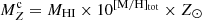 $ M^{\mathrm{c}}_{Z} = M_{\mathrm{HI}} \times 10^\mathrm{[M/H]_{tot}} \times Z_\odot $
