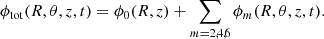 $$ \begin{aligned} \phi _{\rm tot} (R,\theta ,z,t)=\phi _0(R,z) +\sum _{m=2,4,6} \phi _m (R,\theta ,z,t). \end{aligned} $$