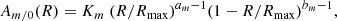 $$ \begin{aligned} A_{m/0}(R)=K_m~(R/R_{\rm max})^{a_m-1}(1-R/R_{\rm max})^{b_m-1}, \end{aligned} $$