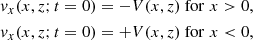 $$ \begin{aligned}&{v}_x(x,z; t=0) = -V(x,z) \text{ for} \,\,x>0,\nonumber \\&{v}_x(x,z; t=0) = +V(x,z) \text{ for} \,\,x < 0, \end{aligned} $$