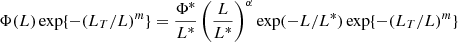 $$ \begin{aligned} \Phi (L)\exp \{-(L_T/L)^m\}=\frac{\Phi ^*}{L^*}\left(\frac{L}{L^*}\right)^\alpha \exp (-L/L^*) \exp \{-(L_T/L)^m\} \end{aligned} $$