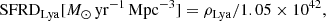 $$ \begin{aligned} \mathrm{SFRD}_{\rm Lya}[{M}_{\odot } \,\mathrm{yr}^{-1}\,\mathrm{Mpc}^{-3}] =\rho _{\rm Lya}/1.05 \times 10^{42} ,\end{aligned} $$