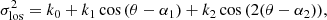 $$ \begin{aligned} \sigma _{\mathrm{los} }^2 = k_0 + k_1 \cos {(\theta - \alpha _1)} + k_2 \cos {(2(\theta - \alpha _2))}, \end{aligned} $$