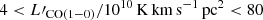 $ 4 < L\prime_\mathrm{CO(1{-}0)}/\mathrm{10^{10}\, K \, km \, s^{-1} \, pc^2} < 80 $