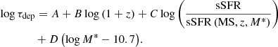$$ \begin{aligned}&\log \tau _{\rm dep} = A + B\log \left(1+z\right) + C\log \left(\frac{\mathrm{sSFR}}{\mathrm{sSFR}\left(\mathrm{MS},z,M^*\right)}\right)\\ \nonumber&\qquad \qquad +D\left(\log M^*-10.7\right){\!.} \end{aligned} $$