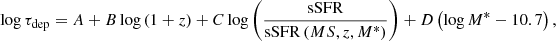 $$ \begin{aligned} \log \tau _{\rm dep} = A + B\log \left(1+z\right) + C\log \left(\frac{\mathrm{sSFR}}{\mathrm{sSFR}\left(MS,z,M^*\right)}\right) +D\left(\log M^*-10.7\right)\mathrm{,} \end{aligned} $$