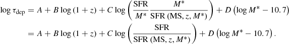 $$ \begin{aligned} \nonumber \log \tau _{\rm dep}&= A + B\log \left(1+z\right) + C\log \left(\frac{\mathrm{SFR}}{M^*}\frac{M^*}{\mathrm{SFR}\left(\mathrm{MS},z,M^*\right)}\right) +D\left(\log M^*-10.7\right)\\ \nonumber&= A + B\log \left(1+z\right) + C\log \left(\frac{\mathrm{SFR}}{\mathrm{SFR}\left(\mathrm{MS},z,M^*\right)}\right) +D\left(\log M^*-10.7\right)\mathrm{.} \end{aligned} $$