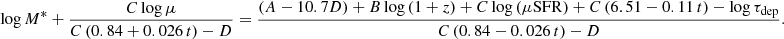 $$ \begin{aligned} \log M^*+ \frac{C\log \mu }{C\left(0.84+0.026\, t\right)-D} = \frac{\left(A-10.7D\right)+B\log \left(1+z\right)+C\log \left(\mu \mathrm{SFR}\right) +C\left(6.51-0.11\, t\right)-\log \tau _{\rm dep}}{C\left(0.84-0.026\, t\right)-D}\mathrm{.} \end{aligned} $$