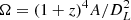 $ \Omega = (1+z)^4 A/D_L^2 $